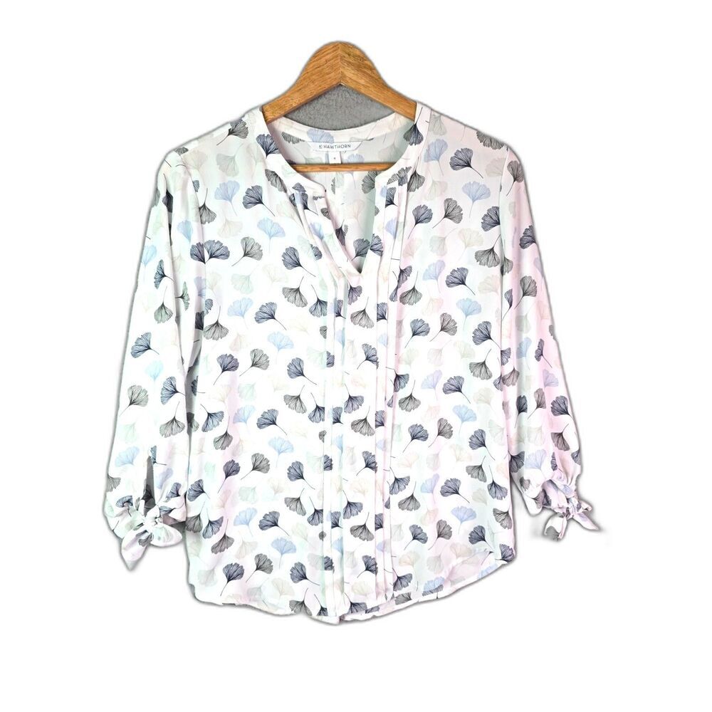 41 Hawthorn Blouse White Blue Ginkgo Print M Pleated Cuff Tie Botanical